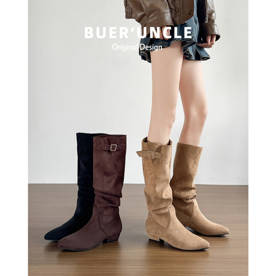 羊皮版~慵懒感长筒靴女秋冬季复古堆堆靴法式尖头显瘦高筒靴长靴