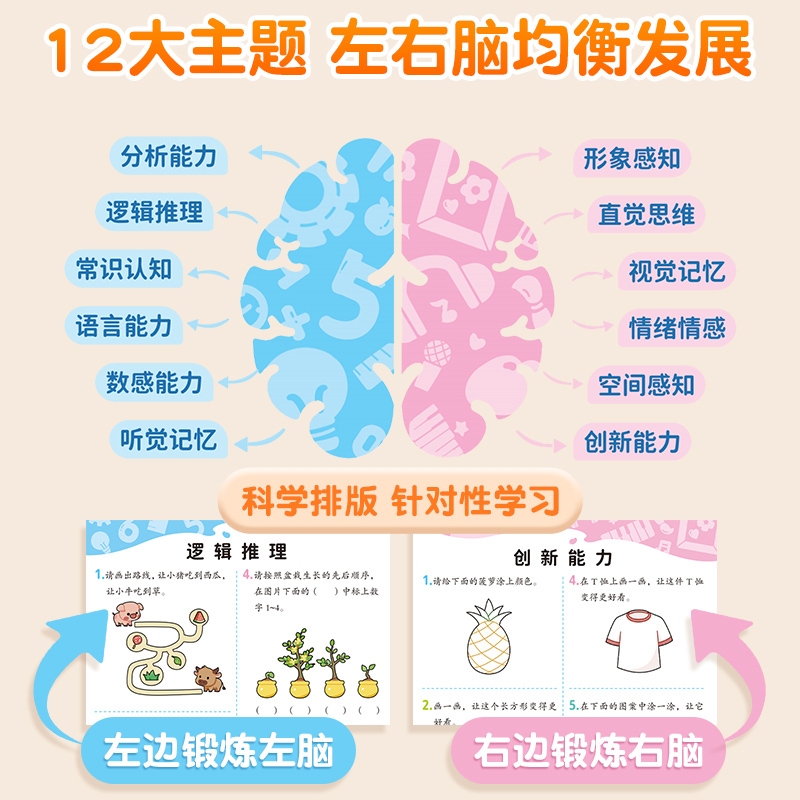 全脑开发思维逻辑训练书宝宝幼儿园启蒙认知教材儿童益智早教书籍2–3一4-5-6两三四岁大脑智力大班中班小班练习册专注力数学绘本