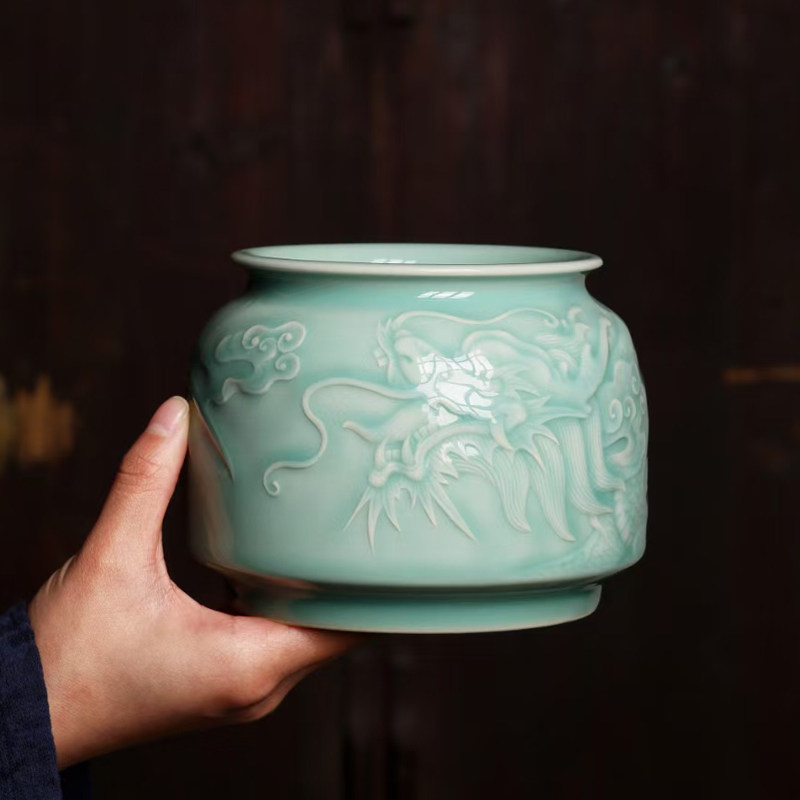 雷慧仙龙纹建水水盂龙泉青瓷茶洗家用茶渣缸高档陶瓷渣斗茶具配件