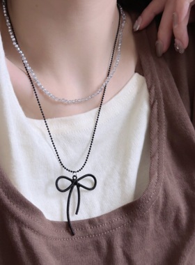 黑色蝴蝶结水晶串珠双层叠戴项链女爆款甜酷风个性简约百搭锁骨链