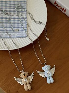 天使之翼植绒小熊爱心锆石吊坠项链女甜酷少女可爱百搭长款毛衣链