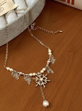 法式轻奢香槟色雪花链条珍珠流苏项链女小众秋冬高级感百搭毛衣链
