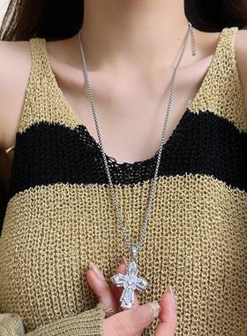 超闪重工满钻十字架吊坠项链小众设计高级感时尚轻奢毛衣链卫衣链