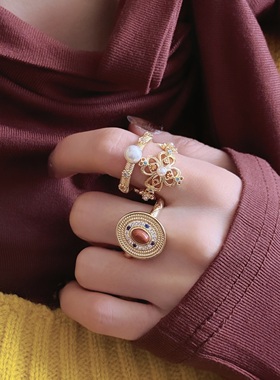 新中式镂空四叶花镶锆几何戒指女宫廷风轻奢复古开口可调节食指戒