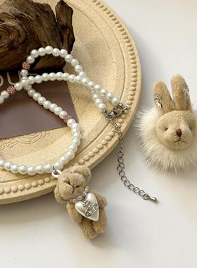 爱心花朵小熊项链女秋冬