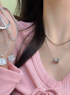 双层爱心土星CD字母钛钢不掉色项链女小众设计甜美轻奢百搭锁骨链