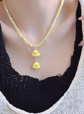 天然黄色猫眼石串珠小黄鸡吊坠项链女小众设计感甜美可爱锁骨链潮