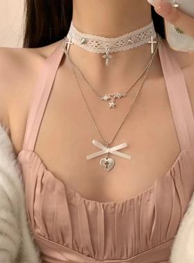 蕾丝爱心五角星蝴蝶结吊坠项链女多层叠戴甜酷辣妹高级感锁骨链潮