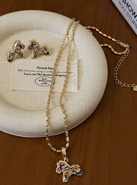 彩虹多巴胺七彩锆石小马耳钉项链小众轻奢风微镶锆石吊坠项链耳饰