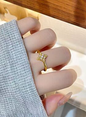 金色鸢尾花十字架镶锆戒指女个性时尚潮流百搭开口可调节食指戒