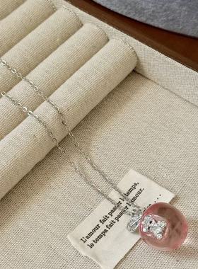 粉色樱桃风味微镶小熊吊坠项链女精致小巧灵动温柔气质百搭锁骨链