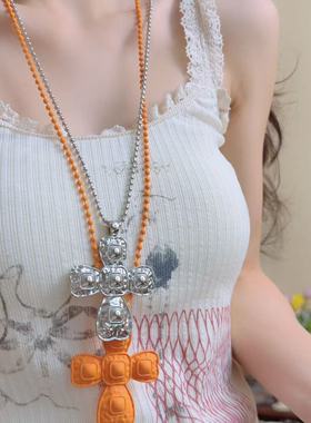 韩系简约十字架吊坠圆珠项链女夏日甜酷少女长款挂脖锁骨链配饰