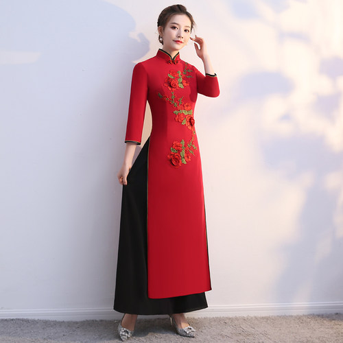 新款越南正宗奥黛长旗袍秀走秀舞台演出服民族风复古改良版连衣裙 - 图1