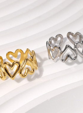 欧美简约爱心形钛钢戒指女ins风18K镀金不掉色小众不锈钢开口戒指
