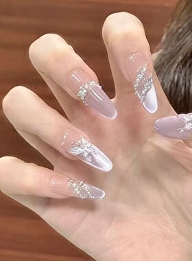 韩系ins法式蝴蝶穿戴甲猫眼裸色