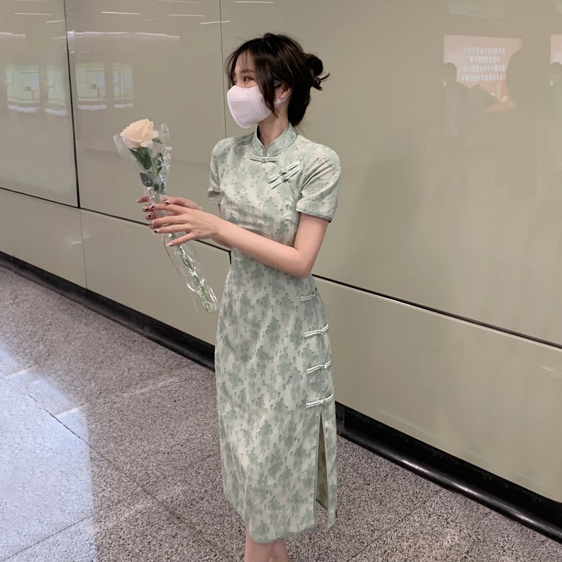 大码女装夏季新款纯欲复古立领绿色碎花旗袍连衣裙胖mm改良中长裙 - 图0