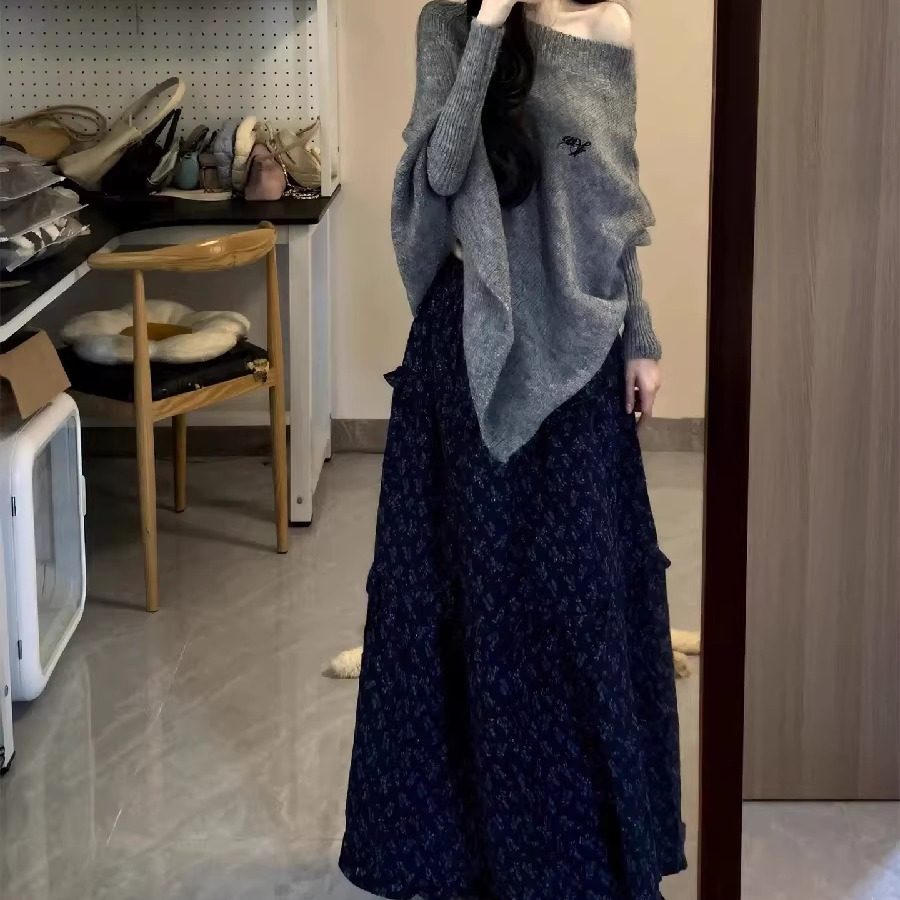 大码胖mm纯欲温柔风灰色一字肩针织衫毛衣碎花半身裙女秋冬两件套,淘宝优惠券,粉丝福利购,淘宝优惠卷