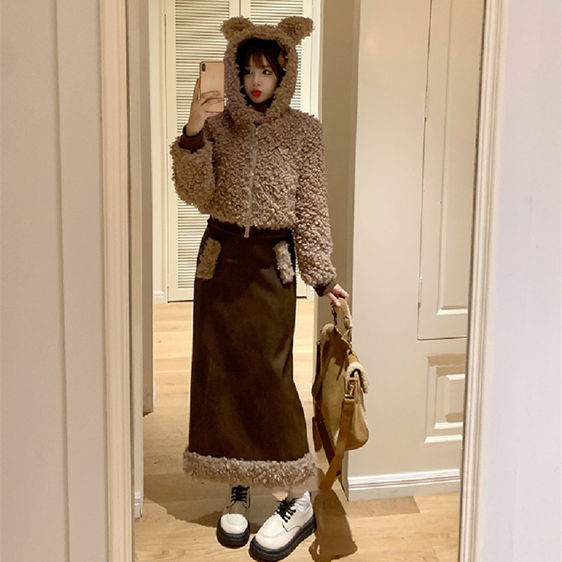 大码胖mm奶系可爱兔耳朵连帽羊羔毛绒外套半身裙女秋冬辣妹两件套,淘宝优惠券,粉丝福利购,淘宝优惠卷