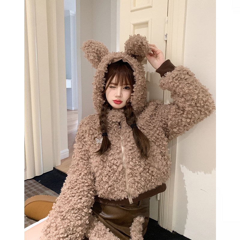 大码胖mm奶系可爱兔耳朵连帽羊羔毛绒外套半身裙女秋冬辣妹两件套,淘宝优惠券,粉丝福利购,淘宝优惠卷