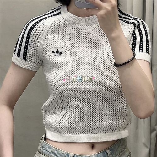 Adidas三叶草26年夏季棕色白色针织镂空运动短袖T恤KE0200 KC6480 - 图3