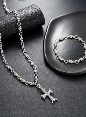 镶钻白金色十字架手链项链男女时尚百搭复古泰银吊坠欧式饰品批发