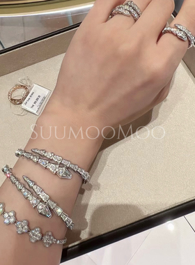 蛇形手镯女男镀18K玫瑰金铂金满钻弹簧蛇骨开口贝母竹节手环