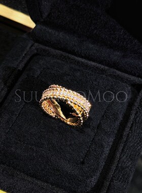 铜合金合成锆石戒指 法式时尚圆珠满钻交叉戒指