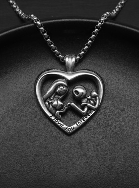哥特风一家三口爱心吊坠项链钢女