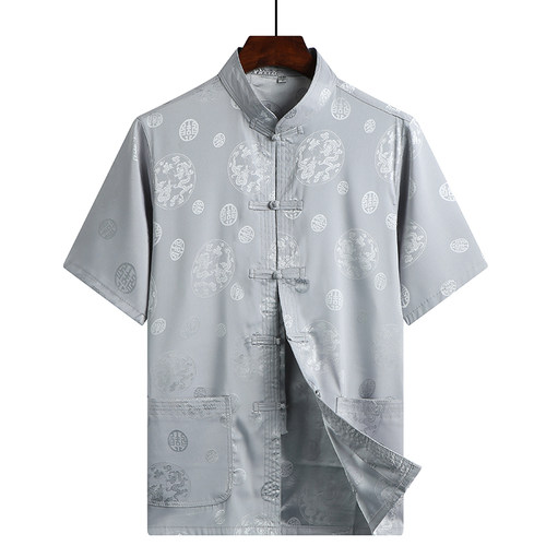 唐装男士短袖上衣 中式男夏季短袖大码中国风老人汉服衬衫爸爸装 - 图3