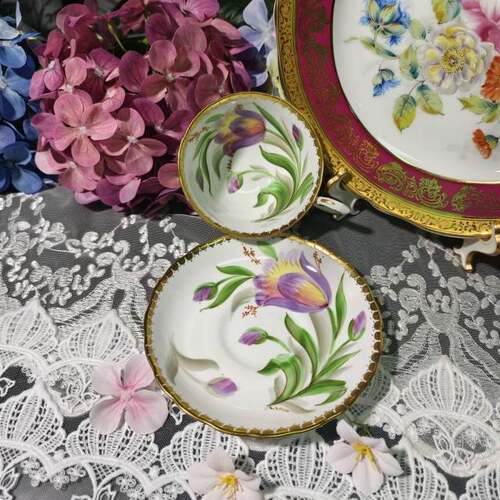 西洋古董 tuscan 手绘大花苞郁金香 双签名阔口骨瓷咖啡杯碟 现货 - 图3