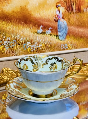 西洋古董 paragon双狮绿釉重金彩色花卉小号阔口鎏金咖啡杯碟现货