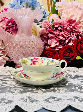 西洋古董 cauldon 考尔顿全手绘绿釉花环阔口骨瓷咖啡杯碟 现货