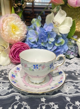 西洋古董 stafford 全手绘蓝粉花环描金立座阔口咖啡杯碟 现货