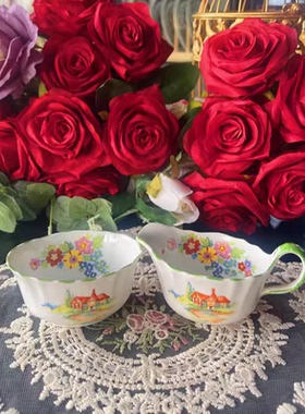 西洋古董 sutherland 手绘绿釉边花园小屋 糖奶罐 杯碟套现货