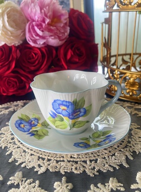 西洋古董 shelley 彩色手柄珐琅彩艺术花卉鎏金骨瓷咖啡杯碟 现货