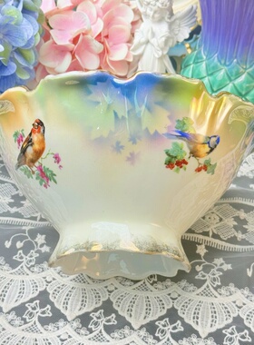 西洋古董 德瓷 珠光釉 全手绘彩色花卉和鸟鎏金沙拉盆 大钵 现货