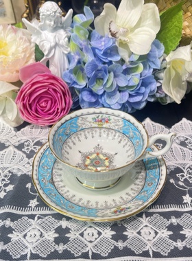 西洋古董coalport 1960s蓝釉珐琅彩手绘开窗花卉阔口骨瓷杯碟现货