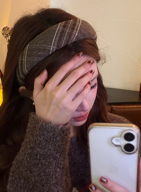 复古格子发箍高颅顶宽边洗脸头箍