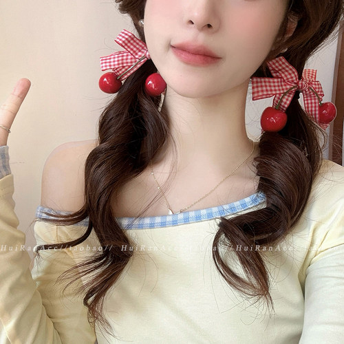 红色樱桃蝴蝶结发夹女2026新款格纹刘海碎发侧边夹子头饰新年发卡 - 图0