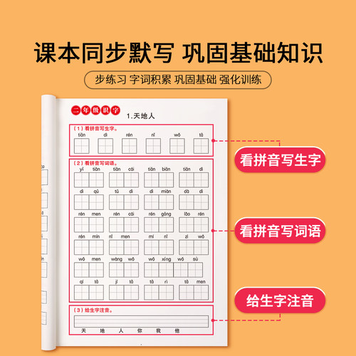 一年级看拼音写词语字帖上册下册练字帖语文小学生专用人教版默写天天练生字同步组词拼读专项训练默写纸练习册描红二年级每日一练-图1