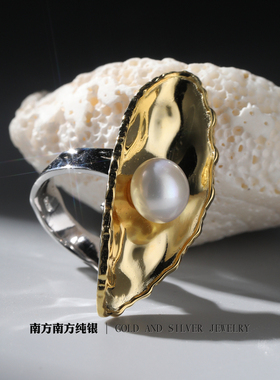 纯银珍珠复古风轻奢大开口戒指