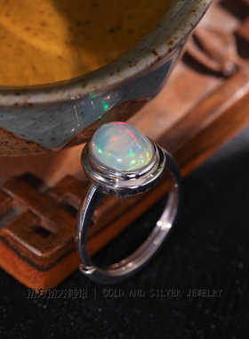 纯银欧泊石复古风轻奢女开口戒指