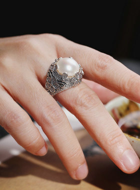 纯银珍珠掐丝编织手工珍珠戒指