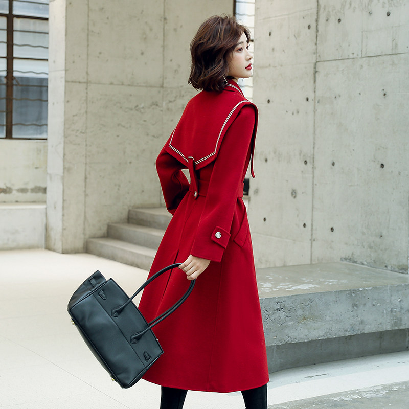 酒红色毛呢外套女秋冬装长款赫本风 吾亦美毛呢外套