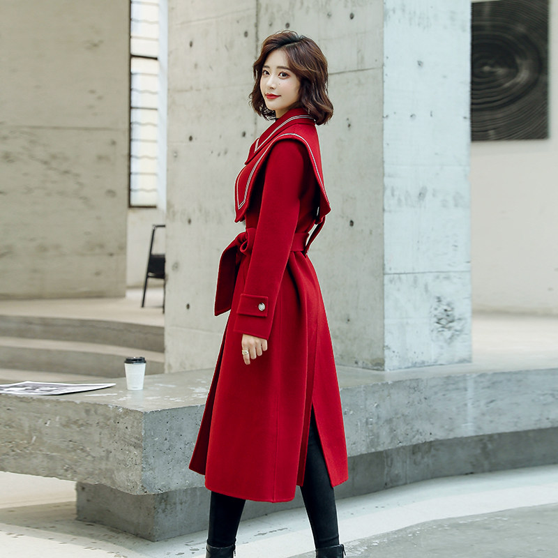 酒红色毛呢外套女秋冬装长款赫本风 吾亦美毛呢外套