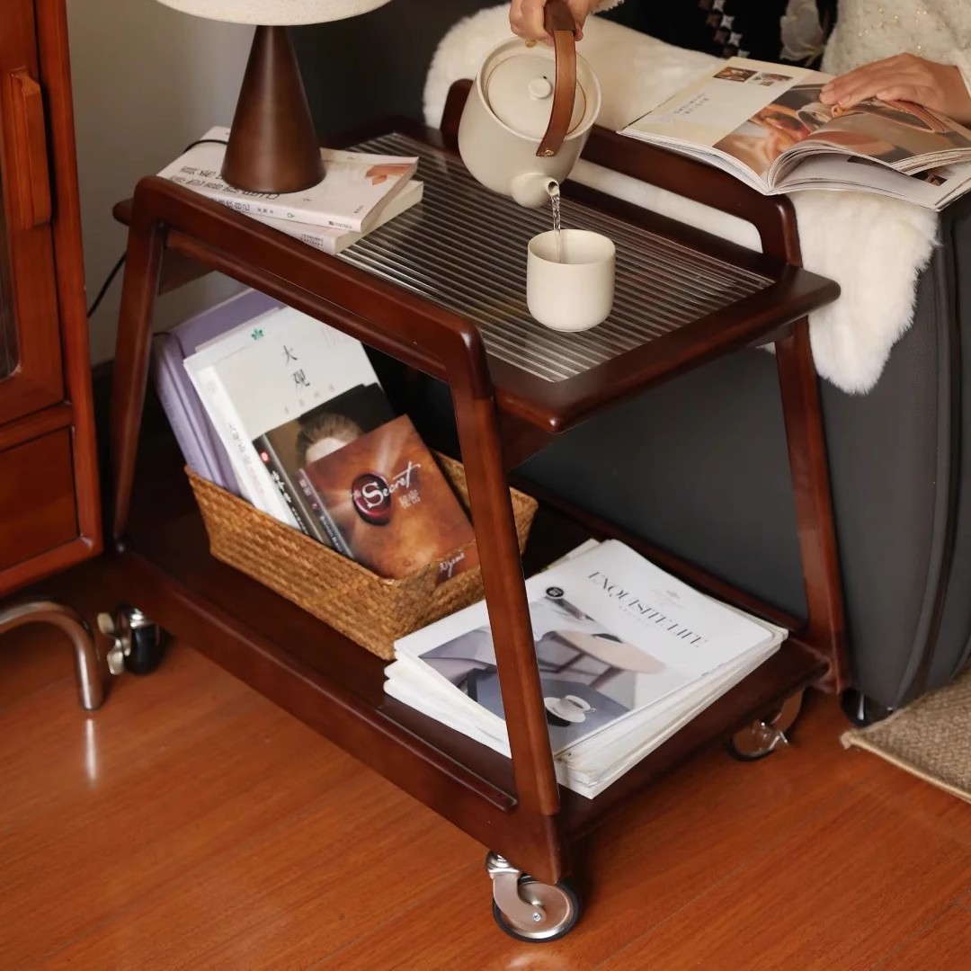 中古侘寂客厅家用沙发边几可移动万向轮小推车置物实木玻璃收纳架 - 图0