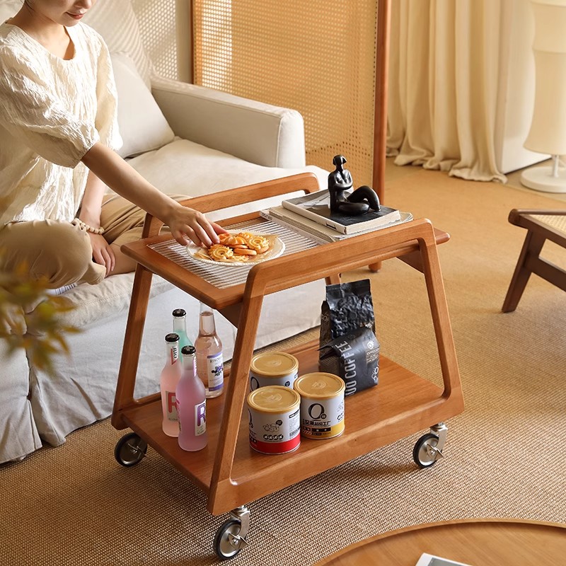中古侘寂客厅家用沙发边几可移动万向轮小推车置物实木玻璃收纳架 - 图1