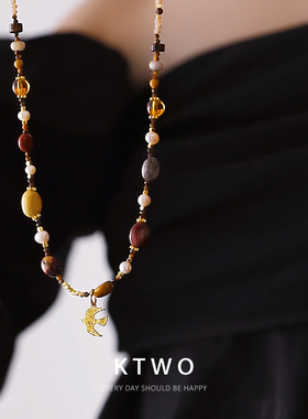 秋冬长款毛衣链女小众淡水珍珠串石设计时尚复古吊坠金乌项链配饰