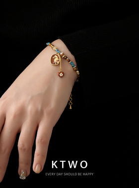 中古风唐马吊牌手链女生小众天然石串珠设计时尚彩色滴釉手链配饰