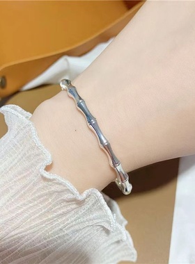 简约可调节竹节手环镯子久不掉色手饰气质仿s999纯银实心手镯女